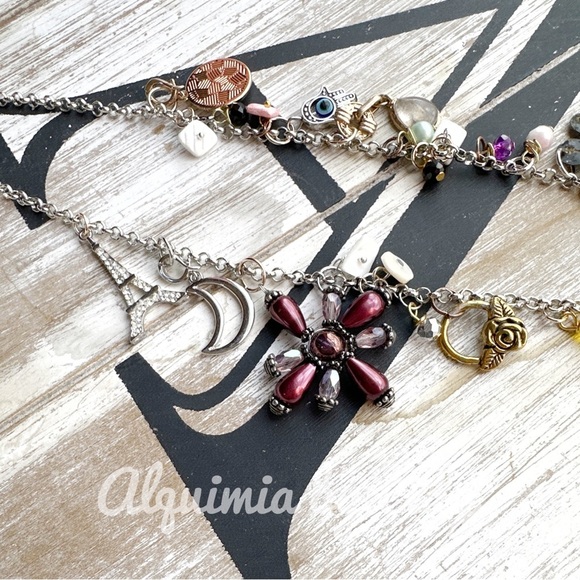 SILVER MULTI CHARMS STATEMENT PENDANTS NECKLACE - Picture 6 of 7